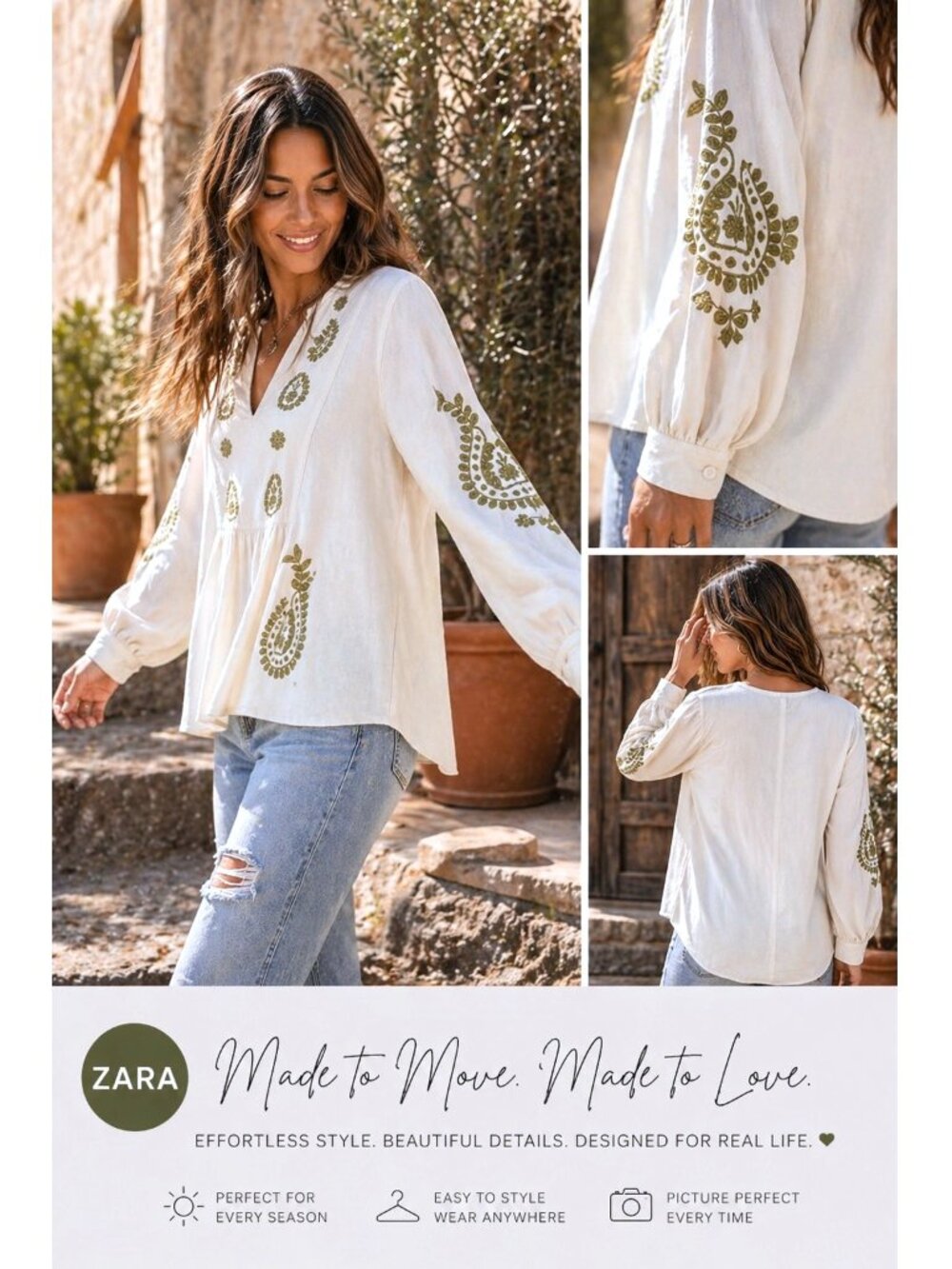 Zara Ivory Embroidered Boho Blouse Olive Green Peasant Top Flowy Sleeve Medium - Picture 6 of 12